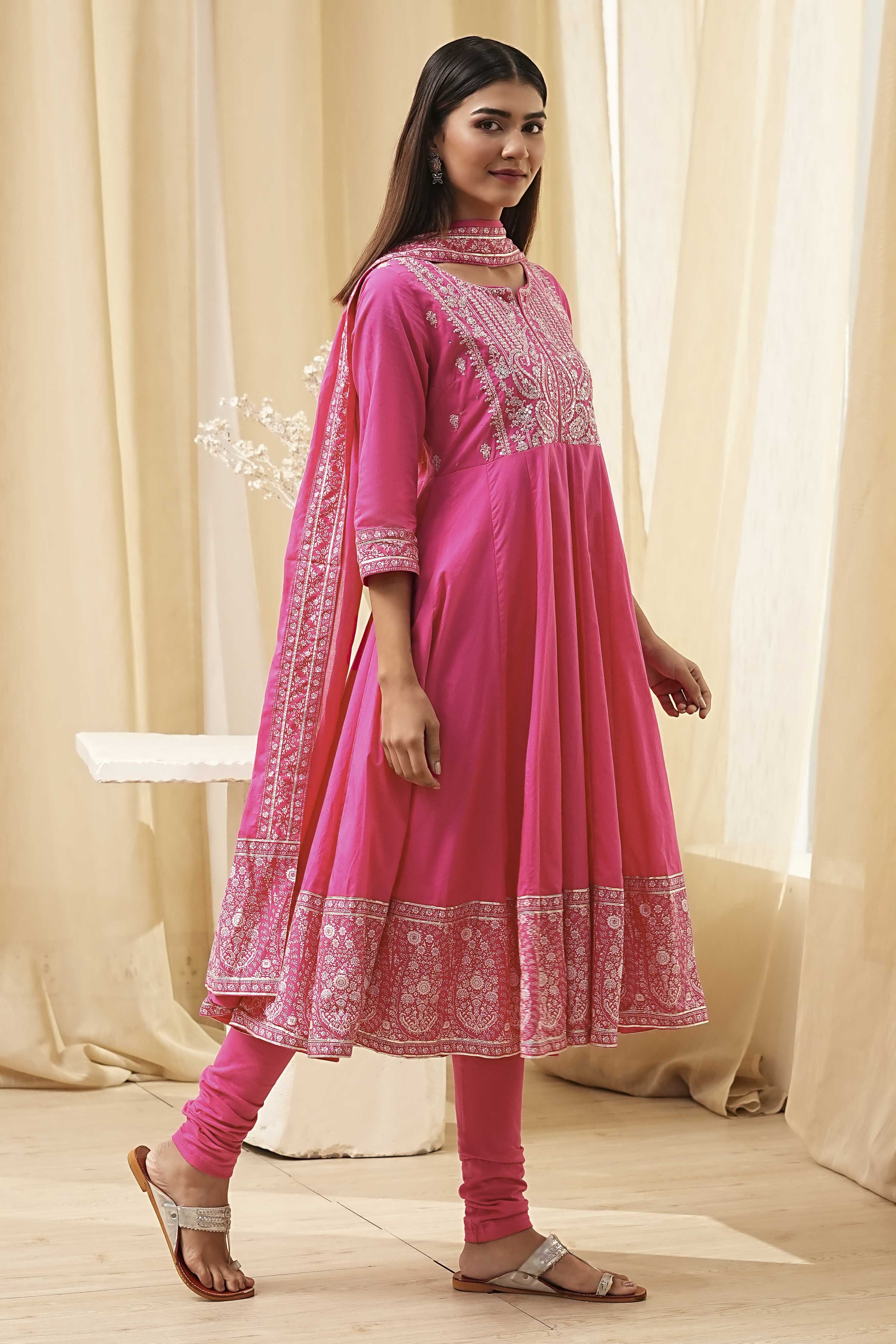 Blue Cotton Embroidered Anarkali Suit Set image number 5