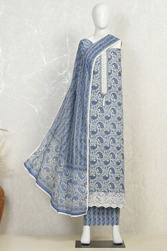 Blue Cotton Screen Print Unstitched Suit Set image number 4