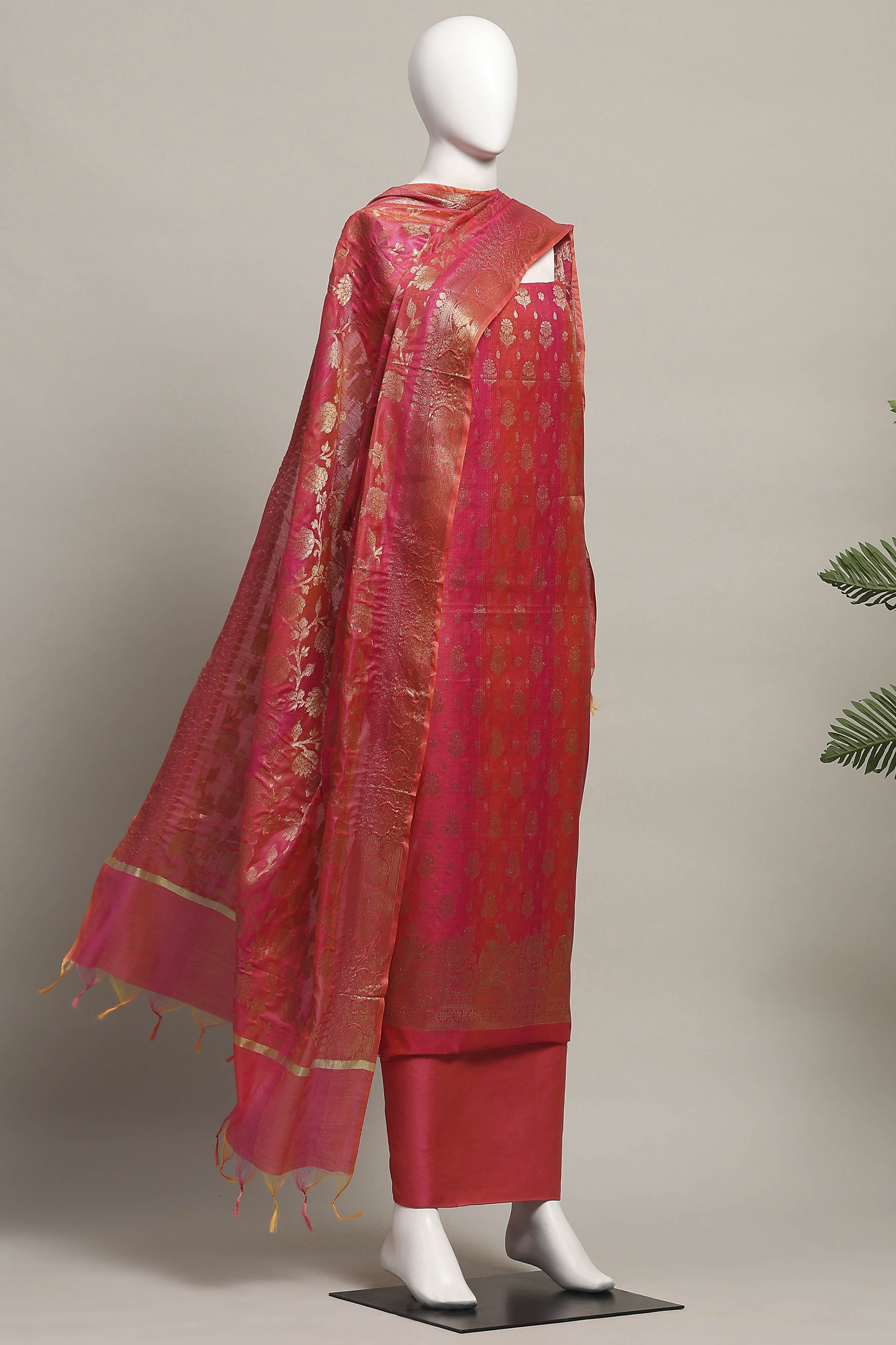 Pink Cotton Printed Embroidered Unstitched Suit Set image number 4