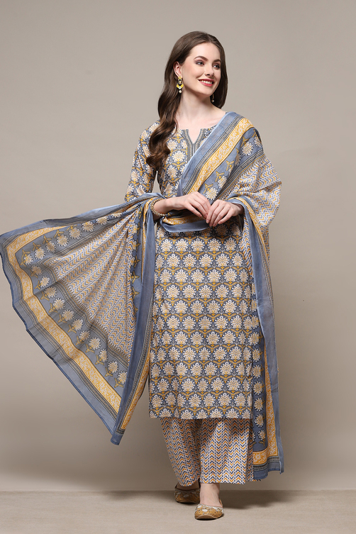 Blue Cotton Screen Printed Unstitched Suit Set image number 8