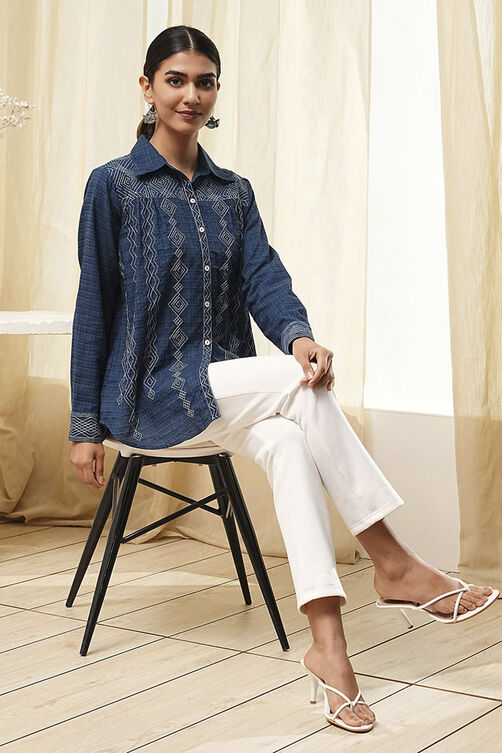 Blue Cotton Blend High-Low Straight Shirt image number 0
