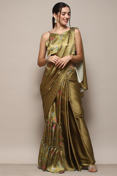 Green Pre-Draped Saree & A Stitched Blouse With Floral Prints image number 5
