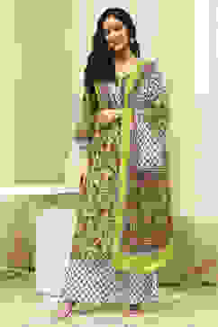 Lime Green and White Cotton Screen Print Unstitched Suit Set image number 1