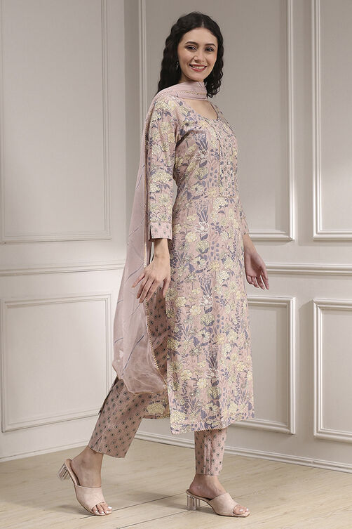 Purple Cotton Printed Embroidered Unstitched Suit Set image number 6