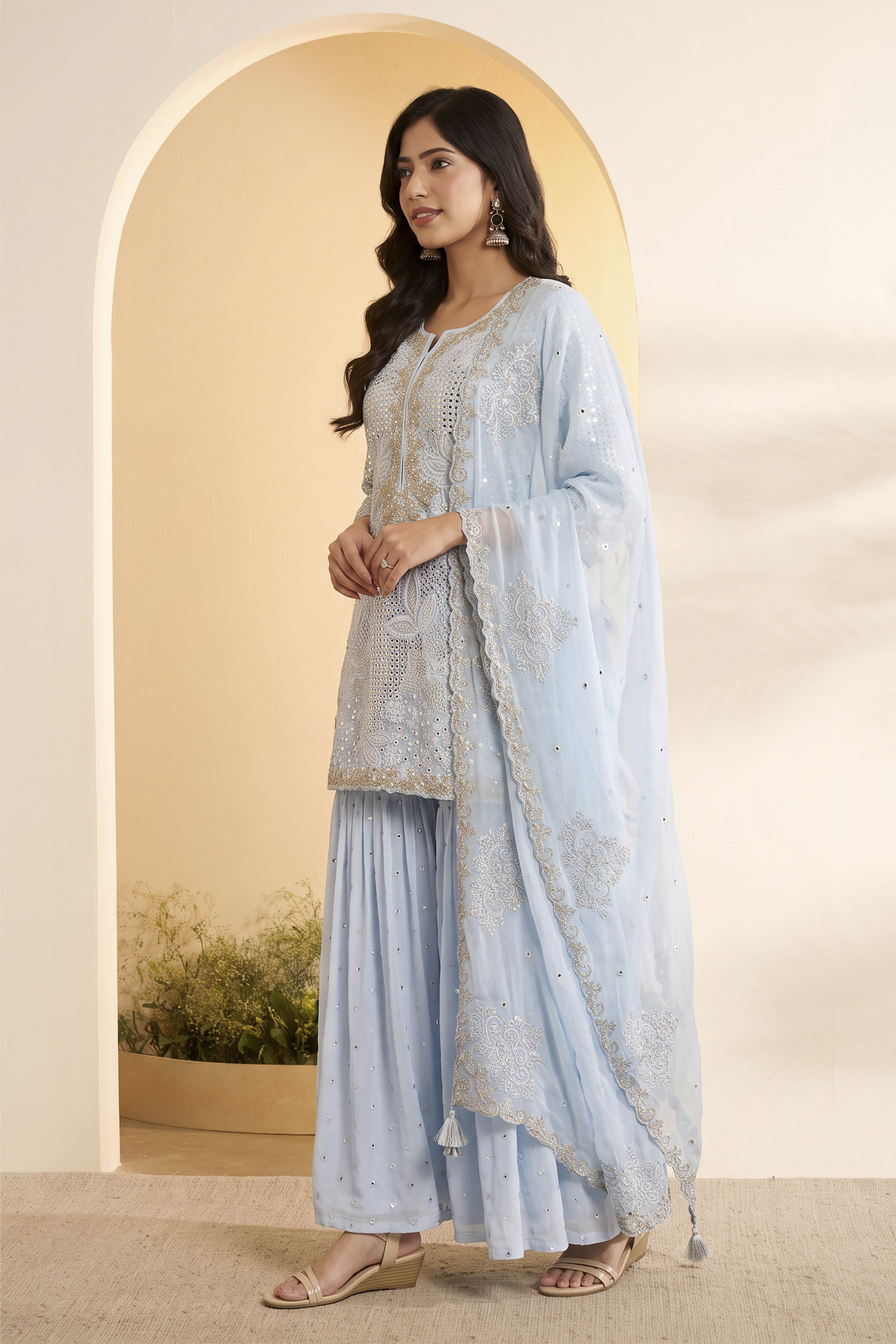 Powder Blue Butterfly Net Embroidered Sharara Suit Set image number 2