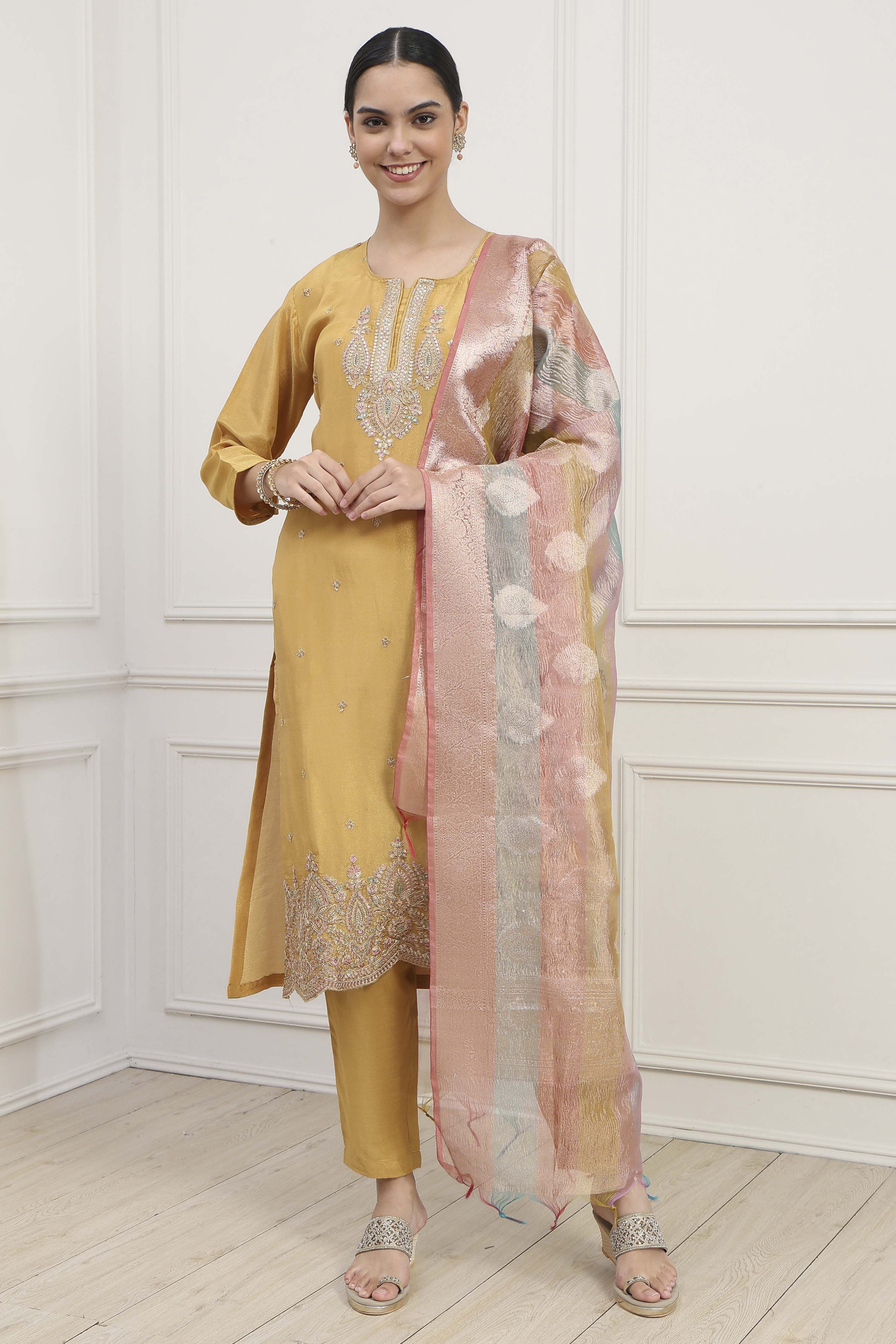 Mustard Silk Blend Machine Embroidered Unstitched Suit Set image number 1