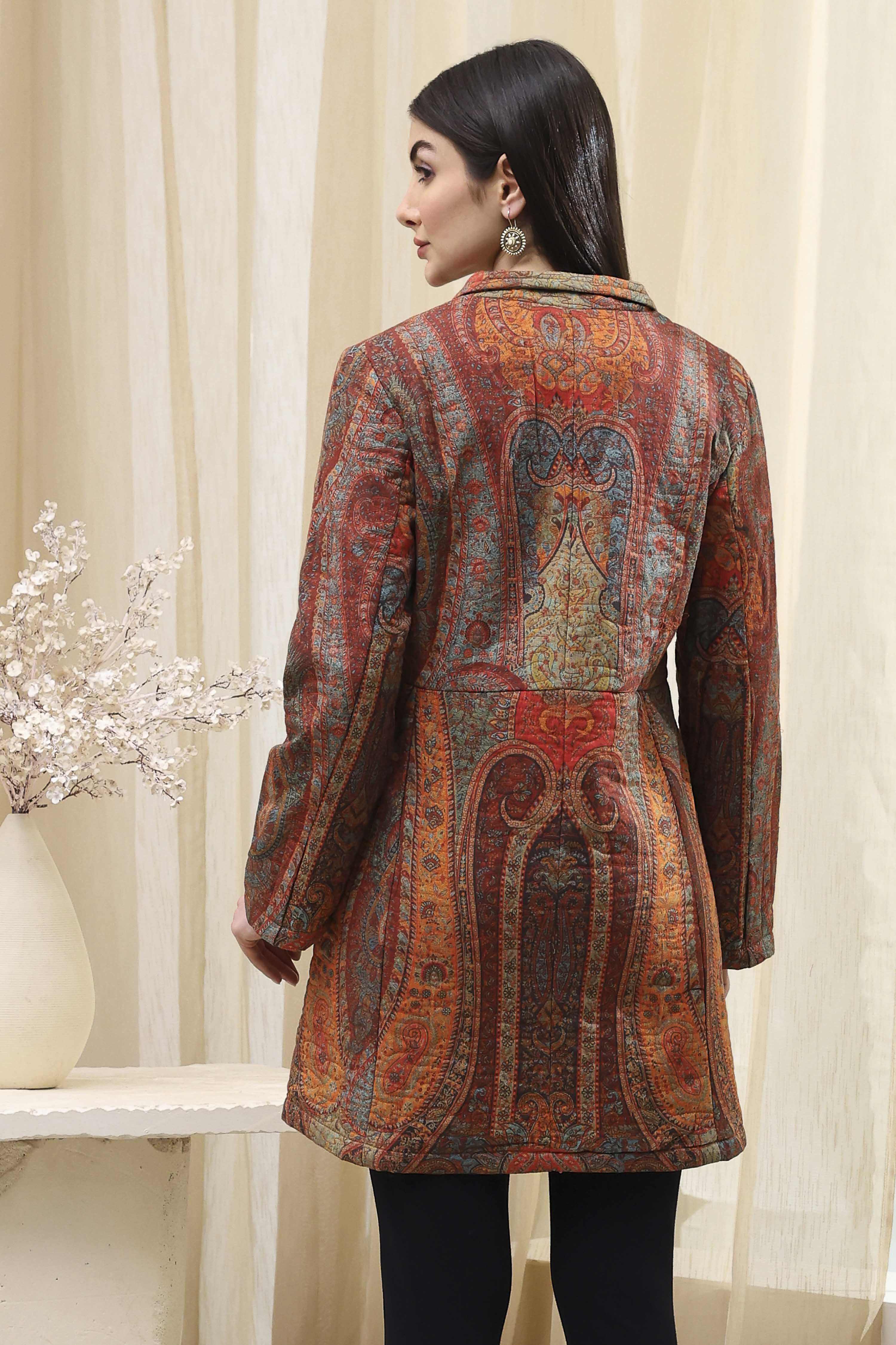 Burnt Orange Rayon Straight Printed Jacket image number 3