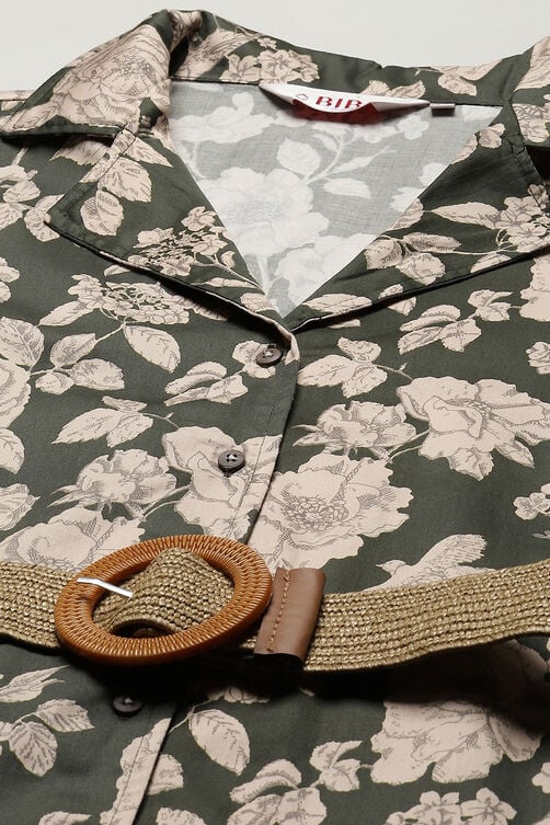 Dark Green Pure Cotton Floral Printed Straight Dress image number 1