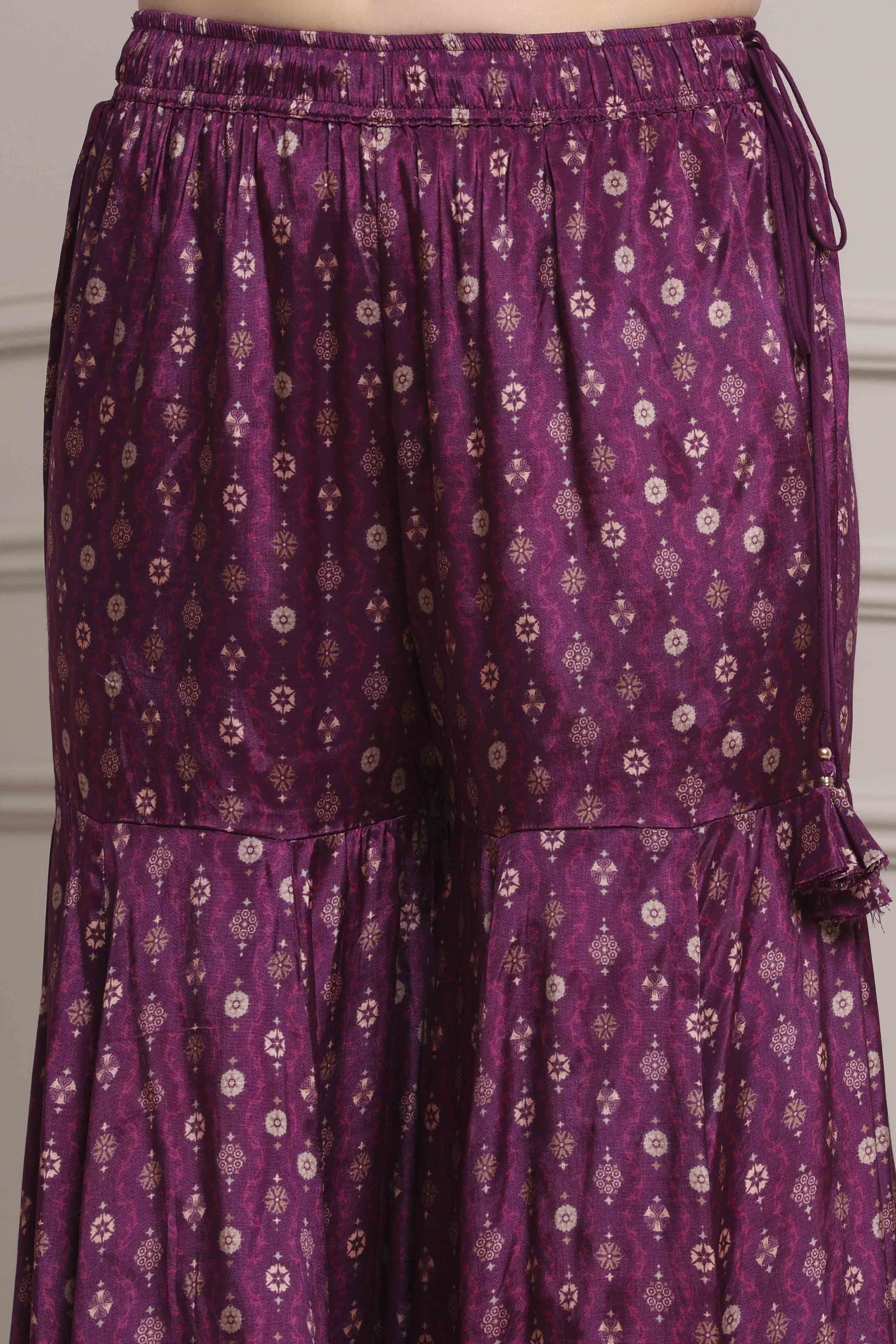 Purple Viscose Rayon Printed Peplum Fusion Set image number 2