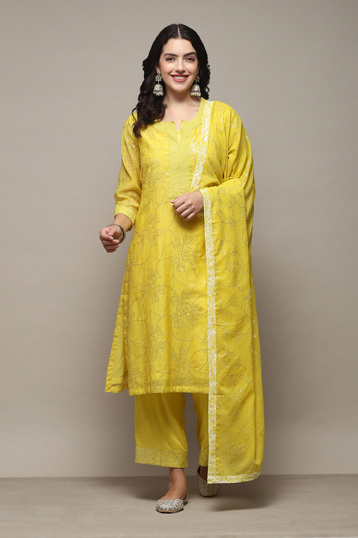 Lime Yellow Cotton Silk Straight Kurta Palazzo Suit Set image number 7