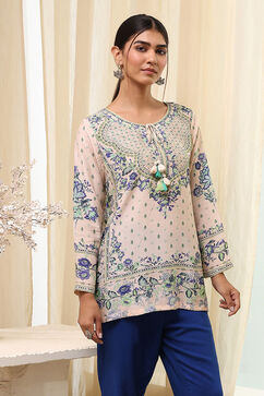 Off-White-Blue Modal Blend Straight Printed Short Kurta image number 4