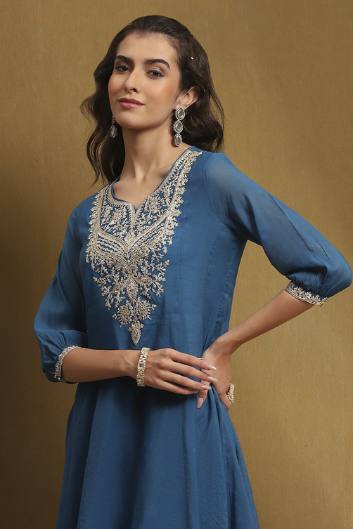 Green Embroidered Festive Kalidar Suit Set image number 1