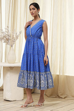 Blue Cotton Printed Tiered Dress image number 2