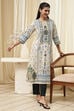 Off-White and Blue Cotton Straight Kurta image number 0
