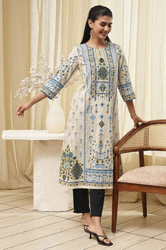 Off-White and Blue Cotton Straight Kurta image number 0