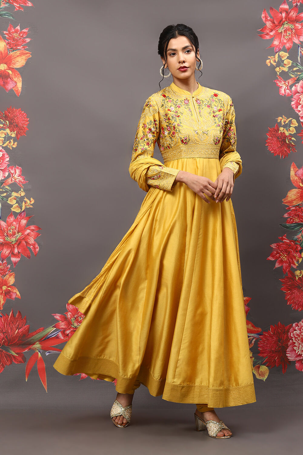Mustard Cotton Blend Anarkali Kurta Suit Set image number 6