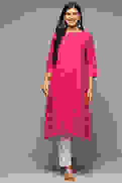 Fuschia Cotton IKAT Straight Yarndyed Kurta image number 5