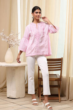 Pink Cotton Striped Straight Short Kurta image number 0