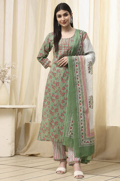 Green Cotton Screen Print Unstitched Suit Set image number 1