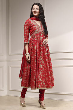 Red Cotton Anarkali Printed Suit Set image number 5