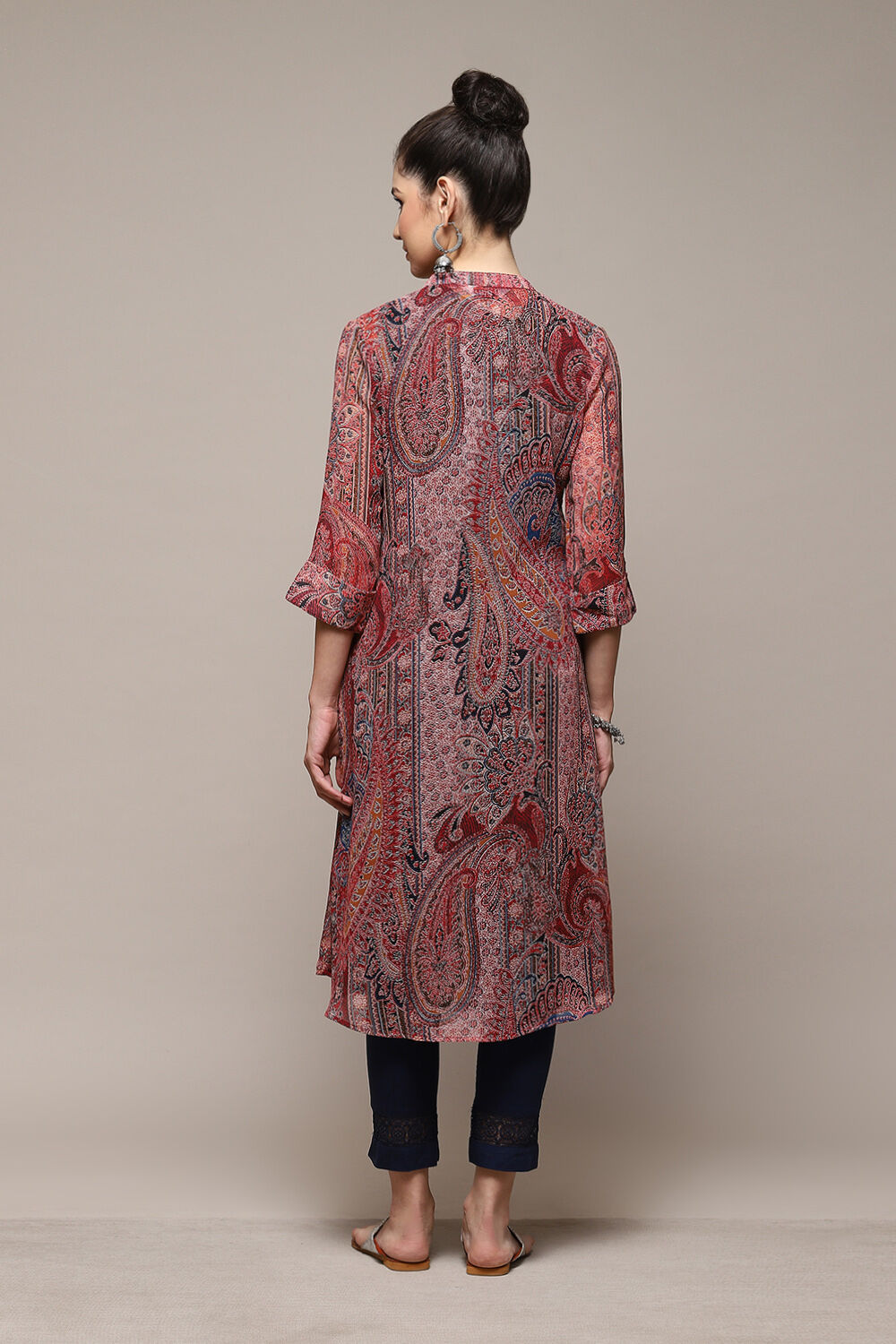 Peach & Blue Polyester Straight Printed Kurta image number 4
