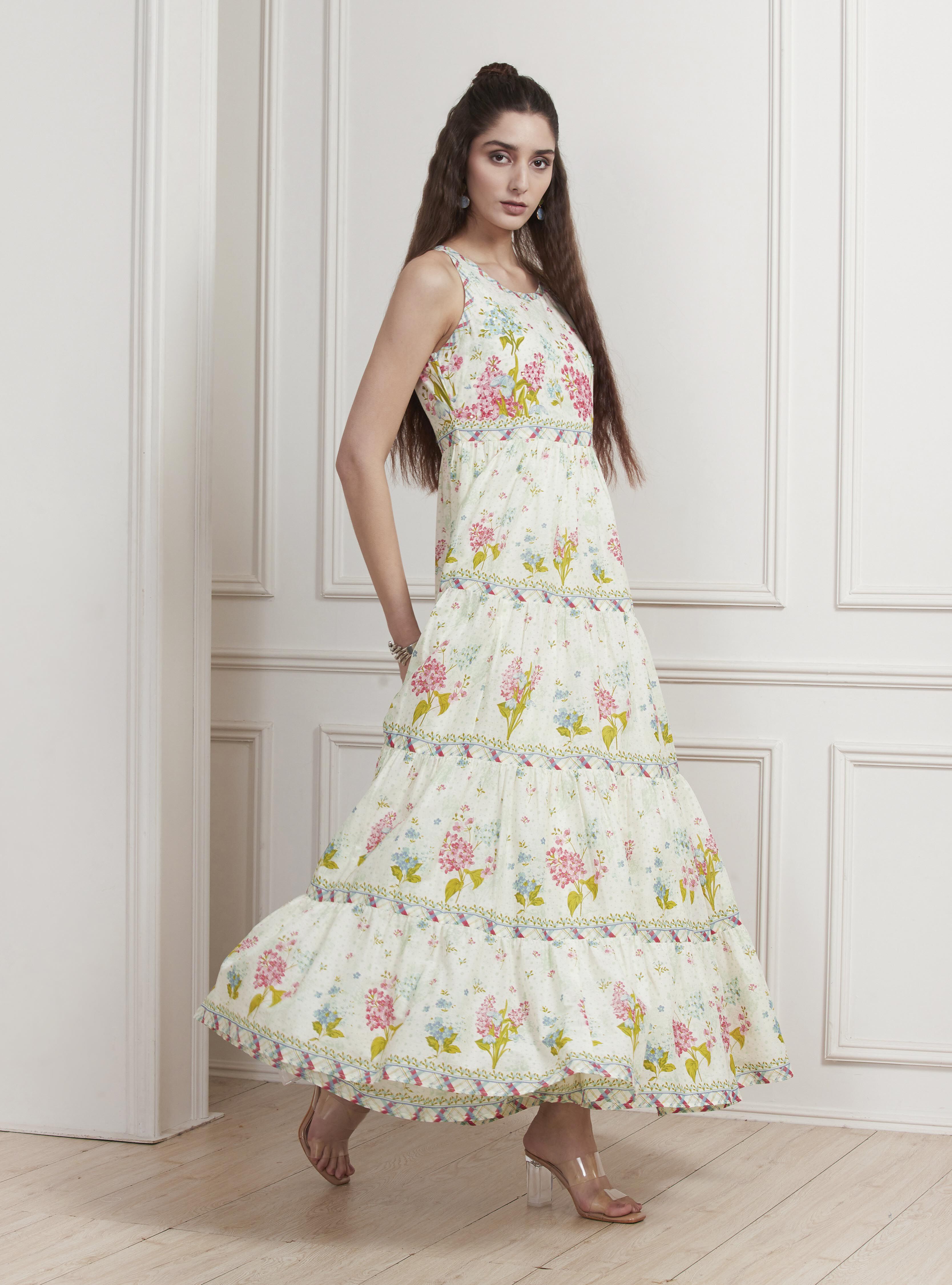 Off-White Cotton Printed Tiered Dress image number 4