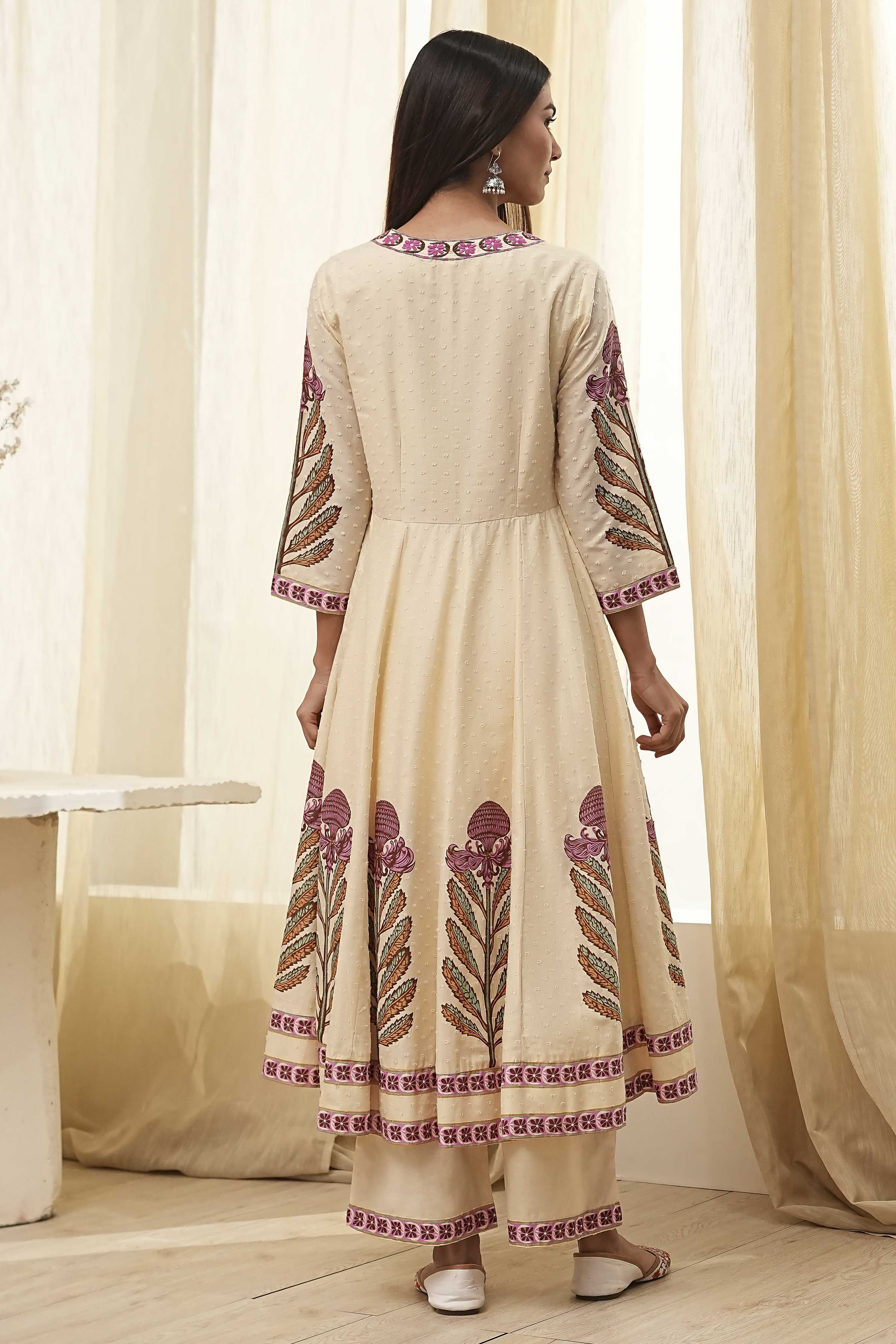 Beige Cotton Printed Anarkali Suit Set image number 4