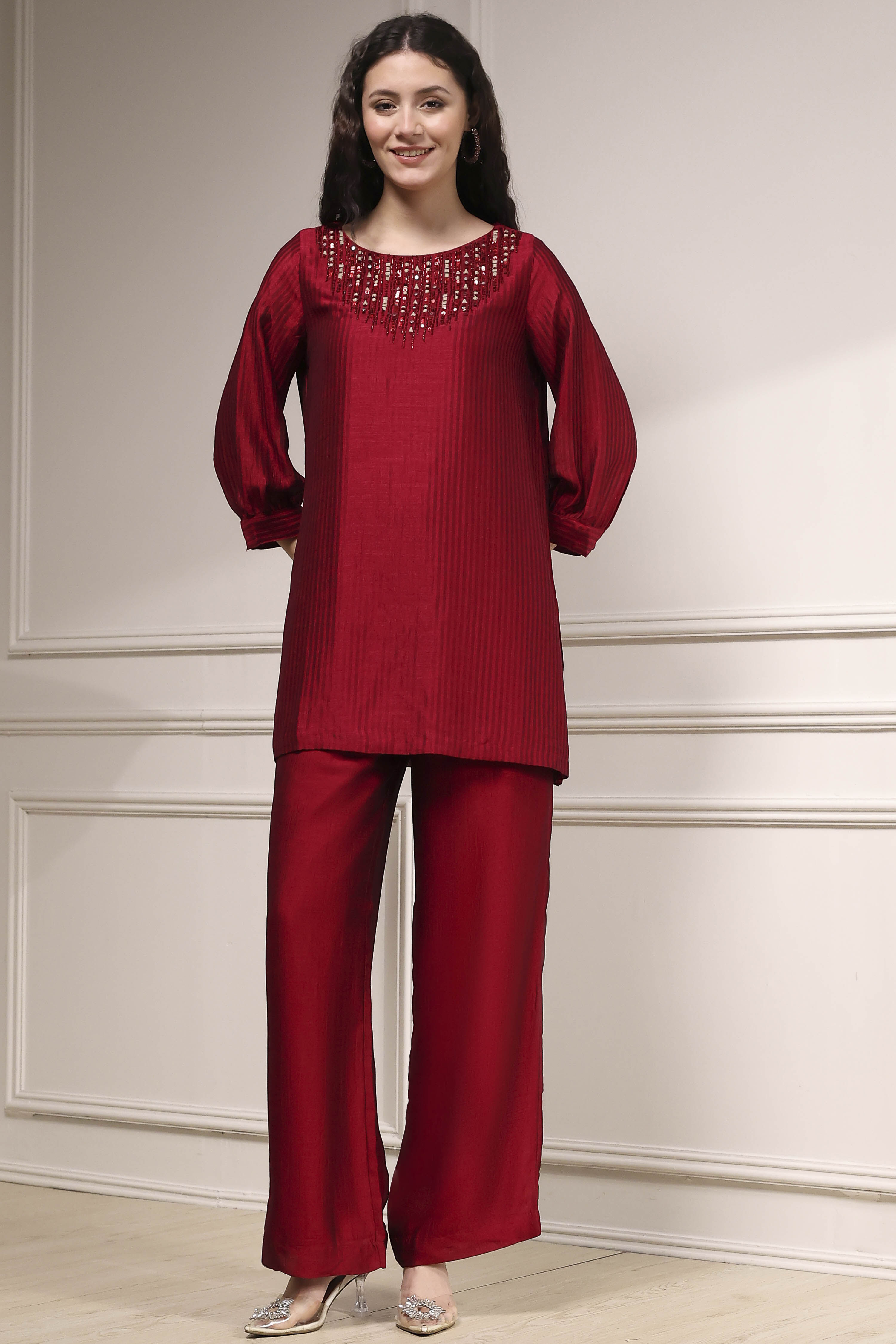 Red Self-Designed Straight Kurta Set image number 6