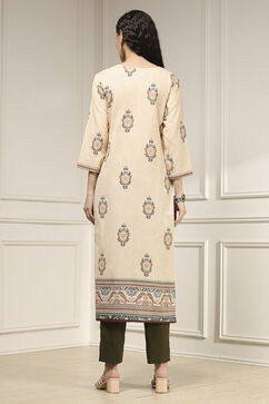 Off White Handloom Cotton Hand Block Print Unstitched Suit Set image number 5