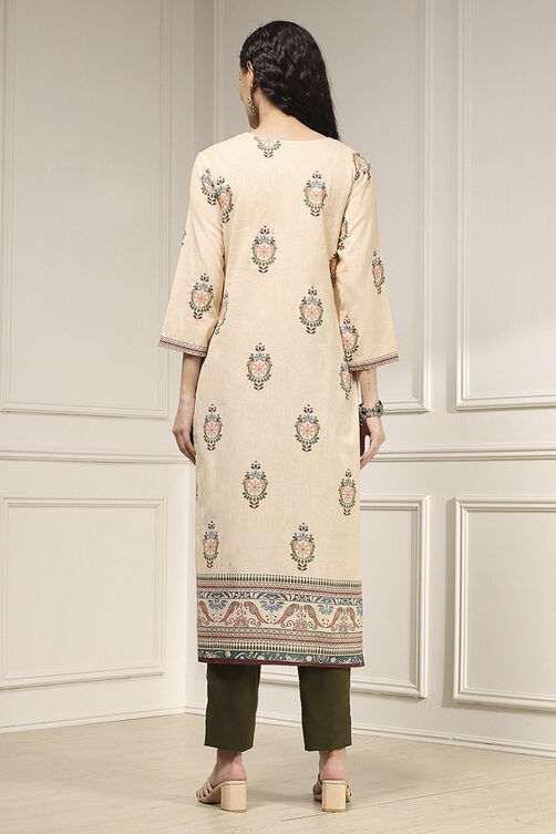 Off White Handloom Cotton Hand Block Print Unstitched Suit Set image number 5