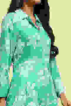 Cyan Blue Floral Printed Shirt Style A-line Dress image number 1