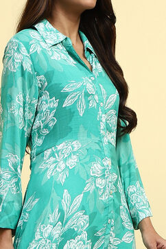Cyan Blue Floral Printed Shirt Style A-line Dress image number 1