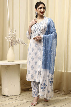 Blue Cotton Hand Embroidered Unstitched Suit Set image number 1