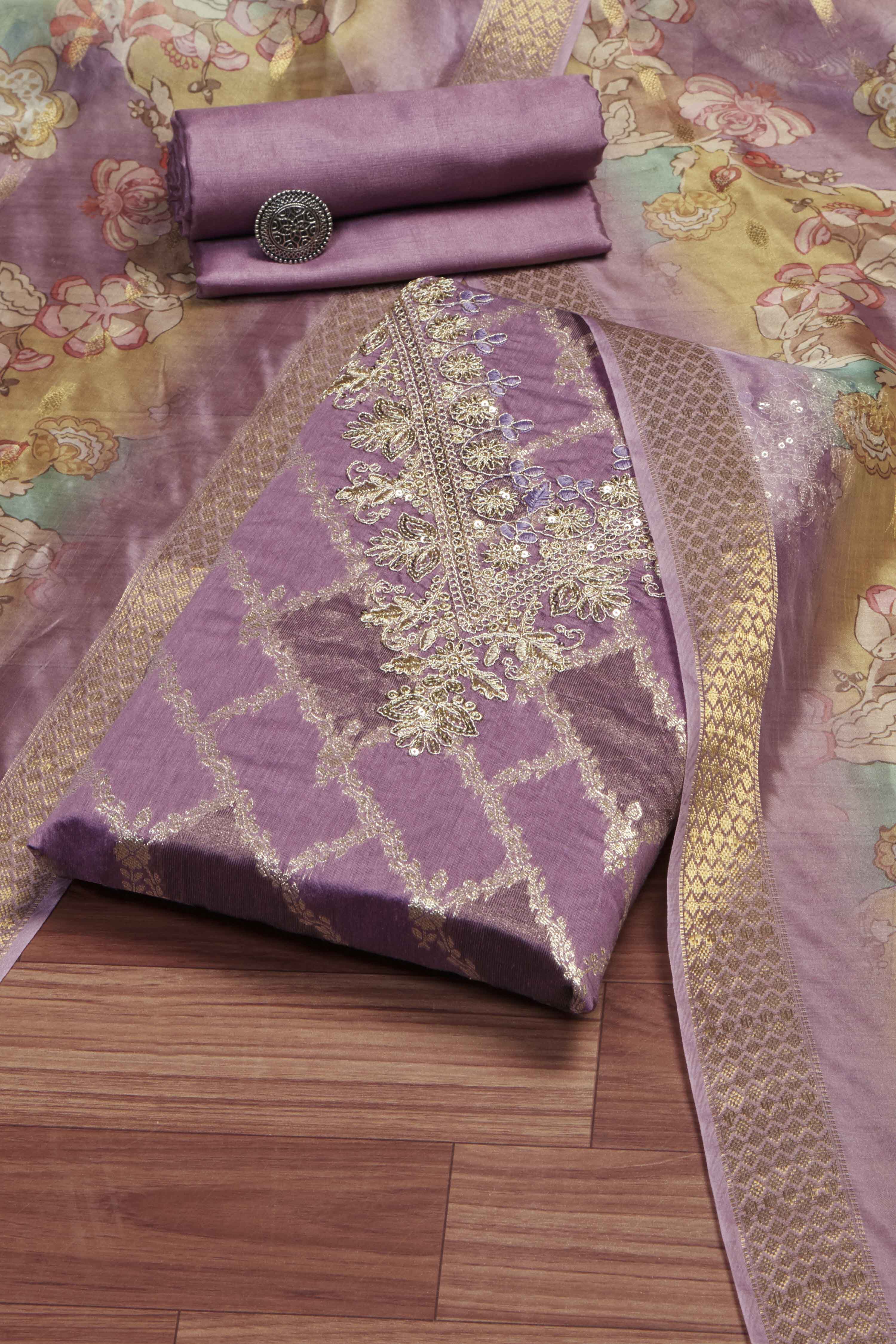 Purple Organza Unstitched Suit Set image number 0