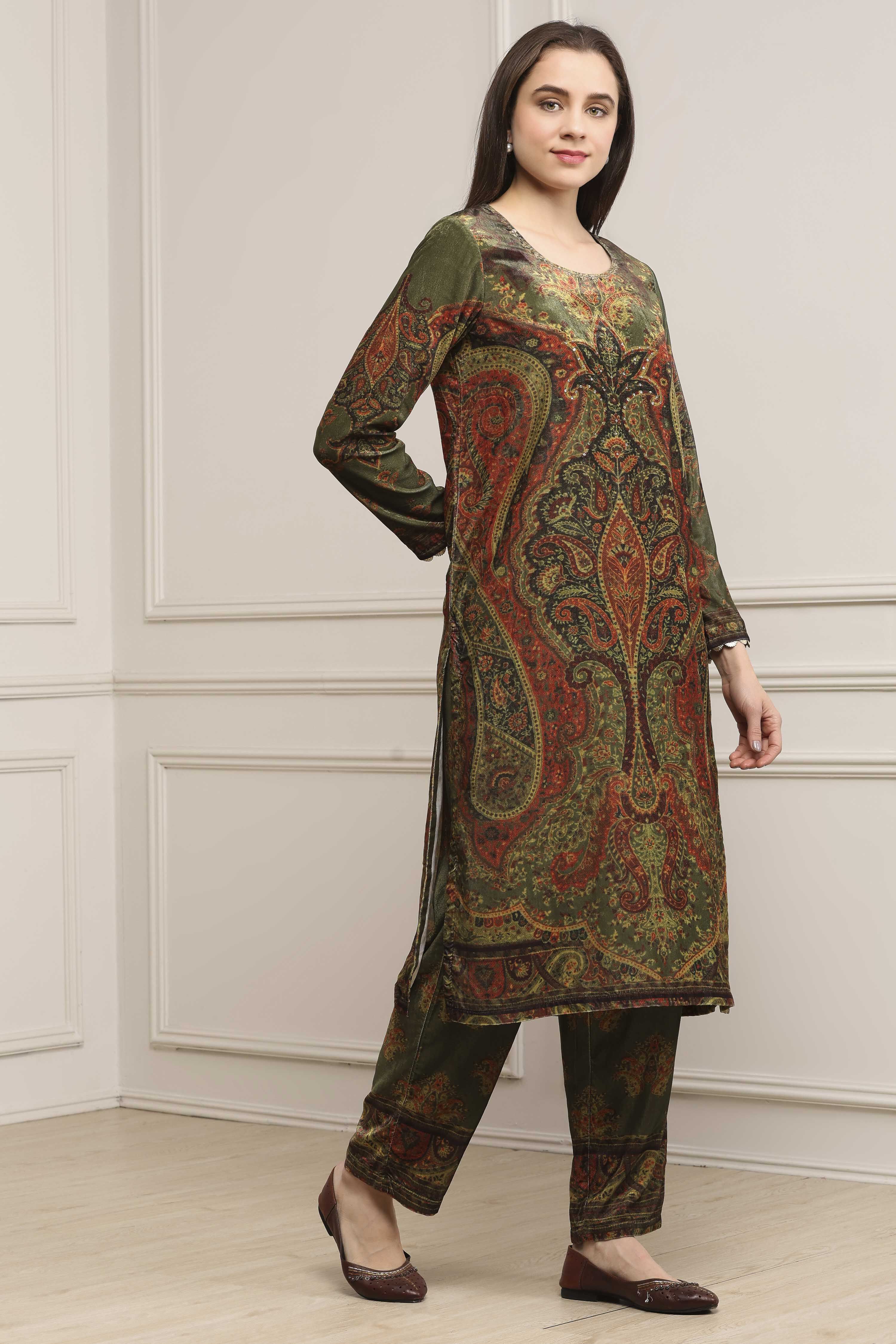 Heena Green Polyester Straight Printed Kurta Pants Set image number 5