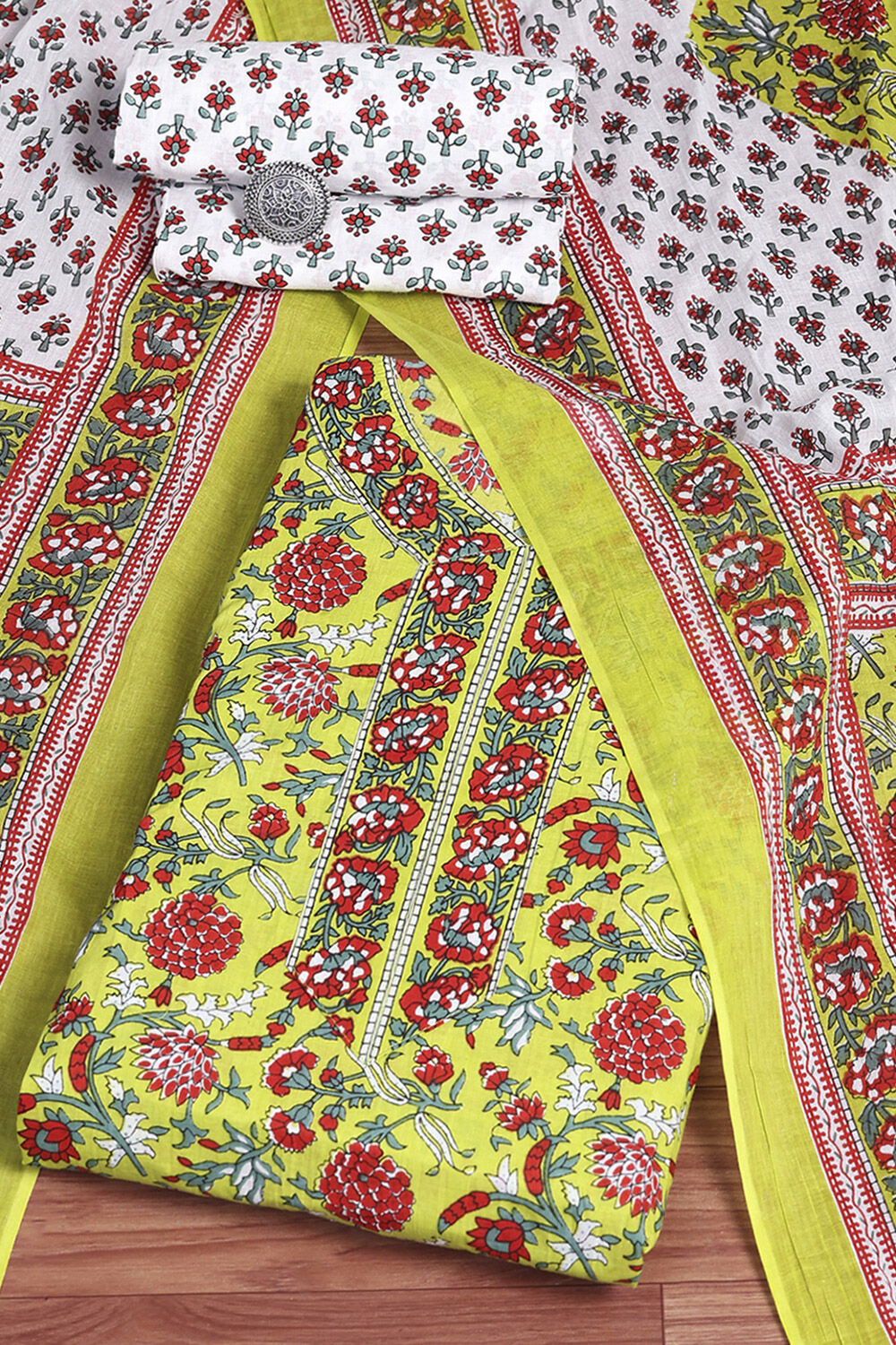 Lime Green and White Cotton Screen Print Unstitched Suit Set image number 0