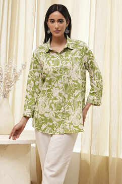 Green Cotton Floral Printed Straight Shirt image number 5