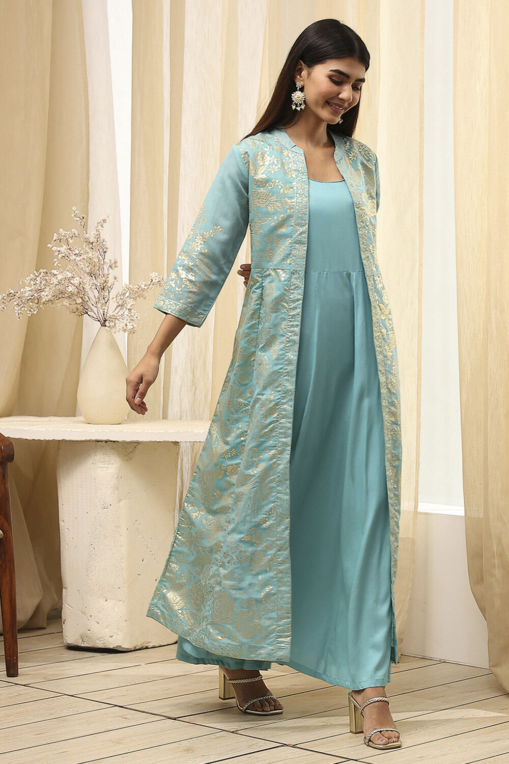 Turquoise Printed Layered Cape Dress image number 4