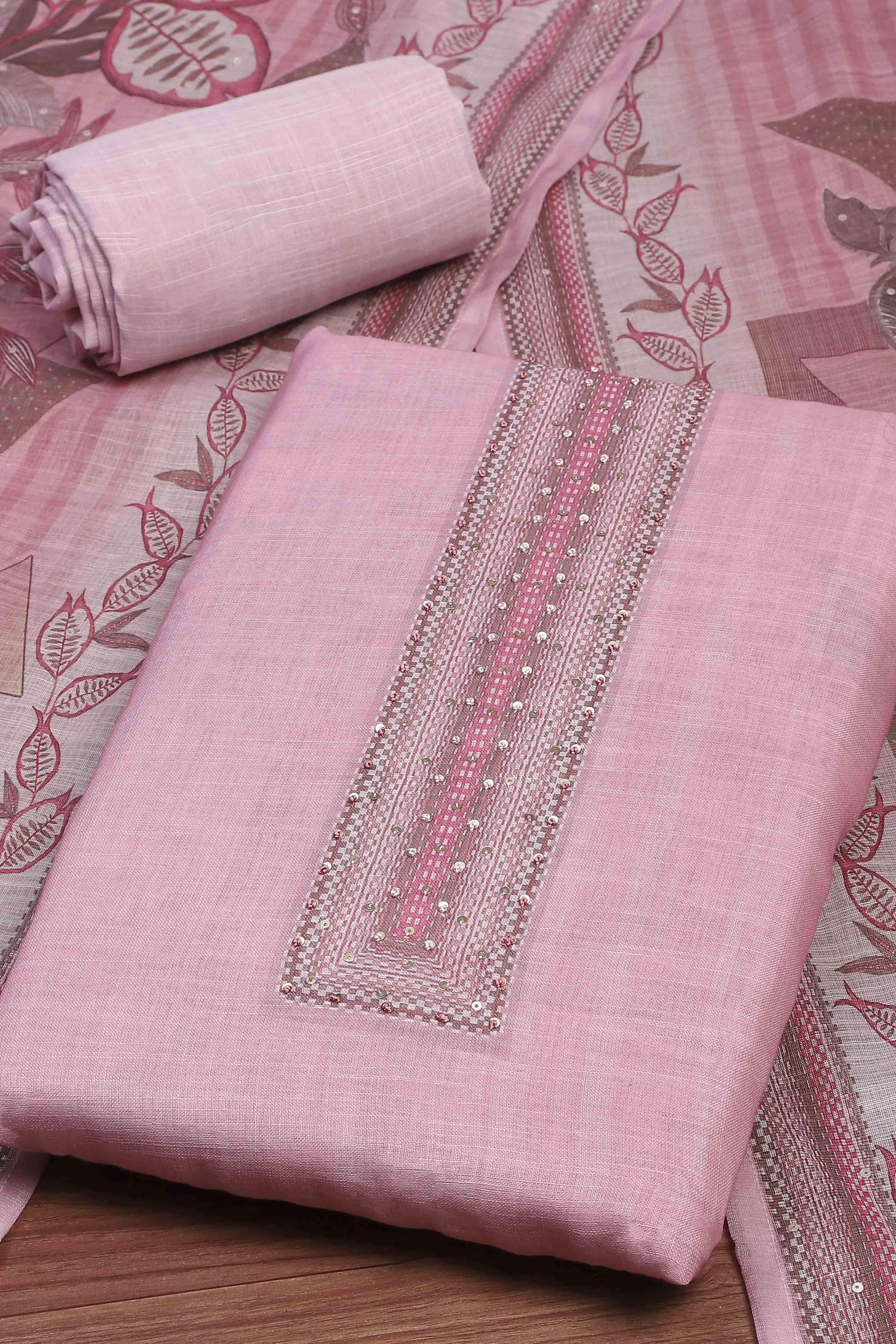 Pink Linen Unstitched Suit Set image number 1