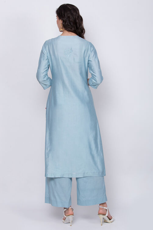 Ice Blue Cotton Silk Chikankari Kurta Palazzo Suit Set image number 5