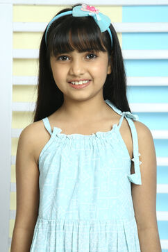 Blue Cotton Flared Printed Dress image number 1
