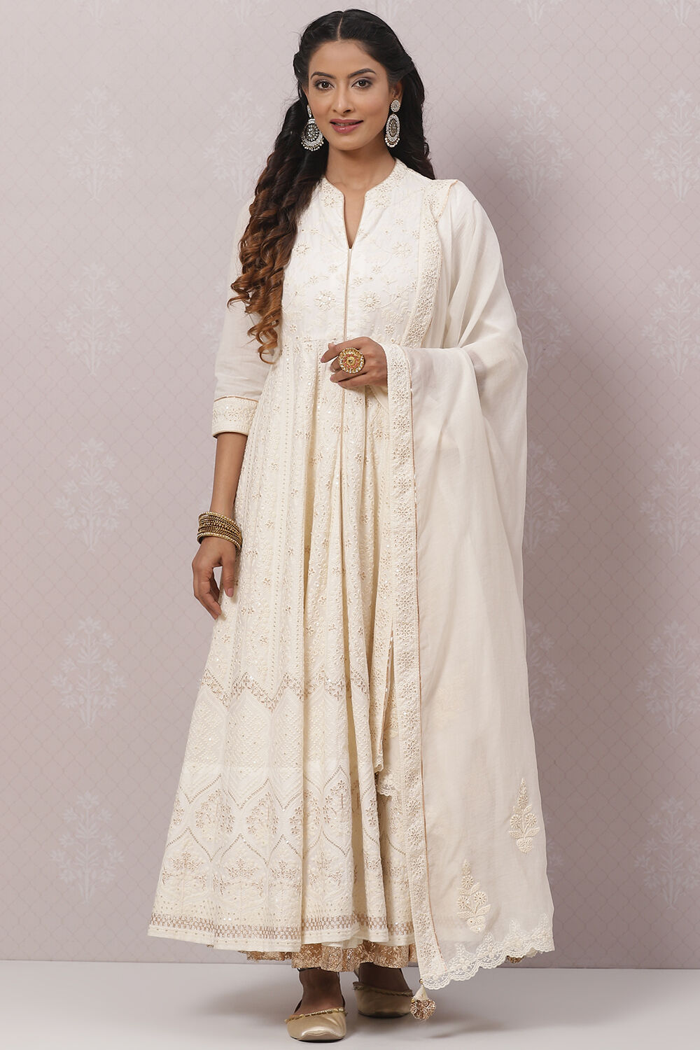 Off White Flared Kurta Skirt Kurta Skirt Suit Set image number 0
