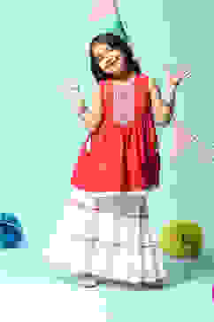 Red Cotton Gathered Kurta Sharara 2 Piece Set image number 6