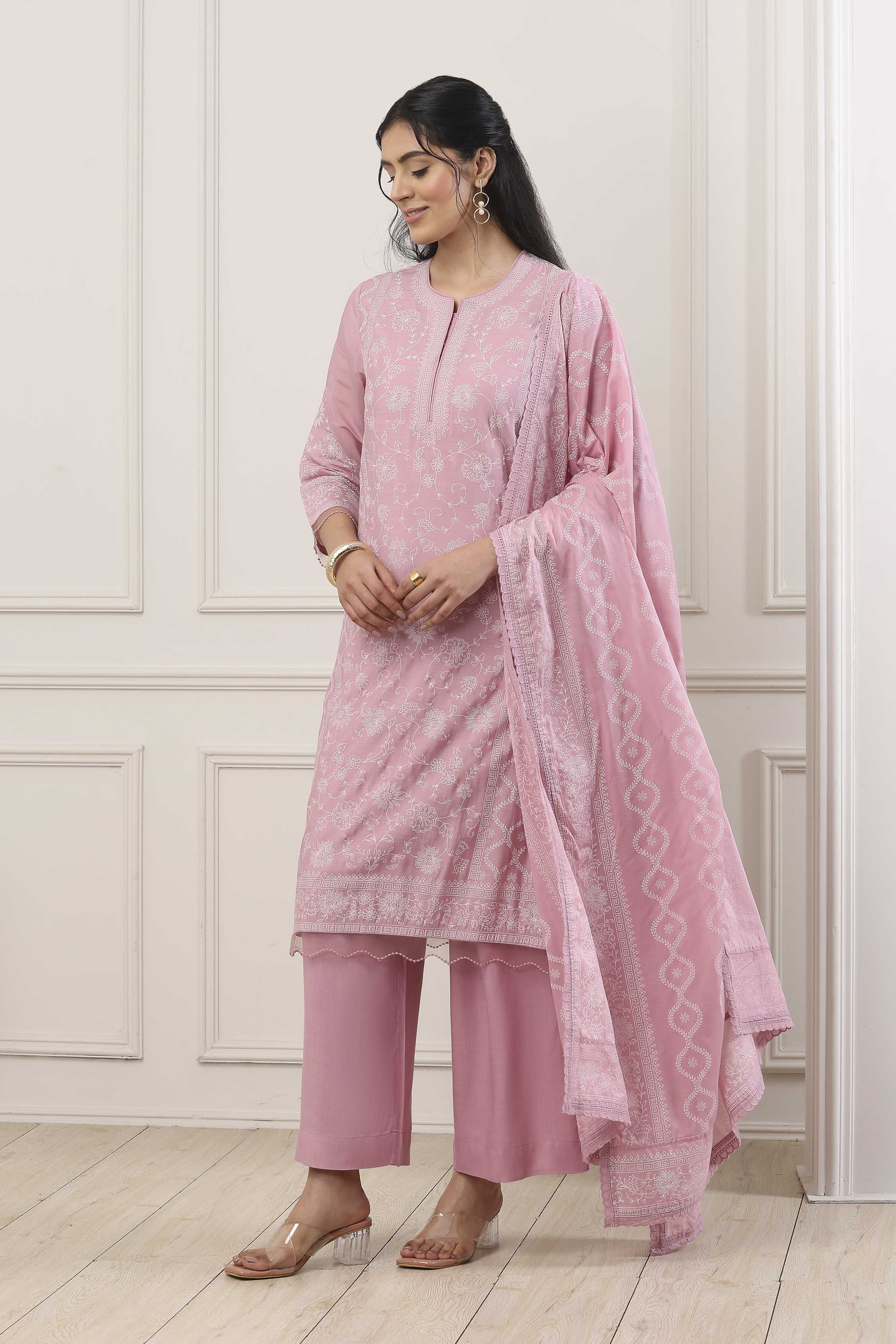 Pink Chanderi Lace Trim Floral Straight Suit Set image number 3