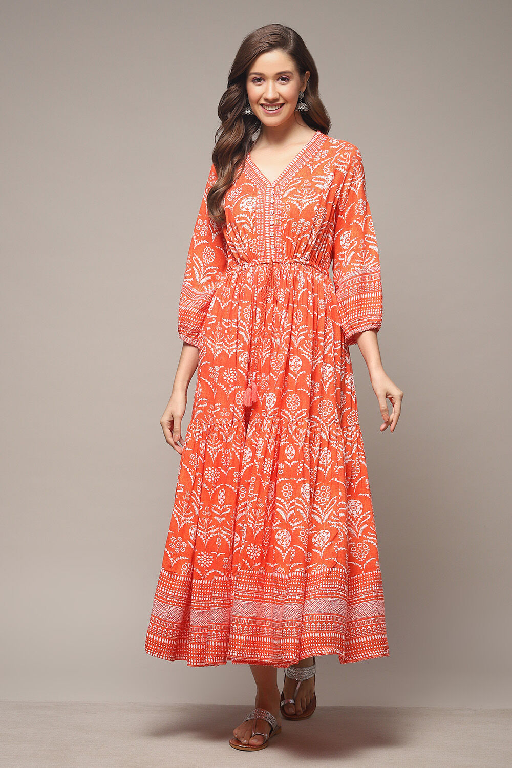 Orange Printed Tiered Dress image number 1