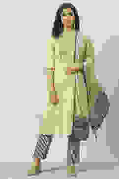 Beige Straight Kurta Regular Pants Suit Set image number 0