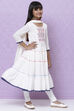Off White Cotton Girls Tiered Kurta Churidar Suit Set image number 6