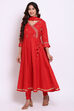 Red Metallic Cotton Anarkali Kurta Churidar Suit Set image number 2