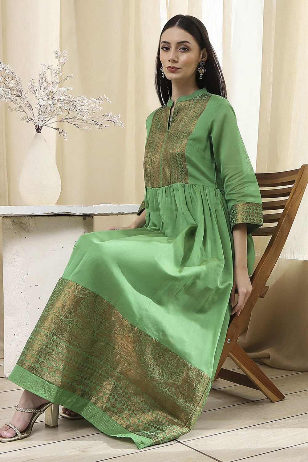 Green Yarn-Dyed Flared Kurta image number 0