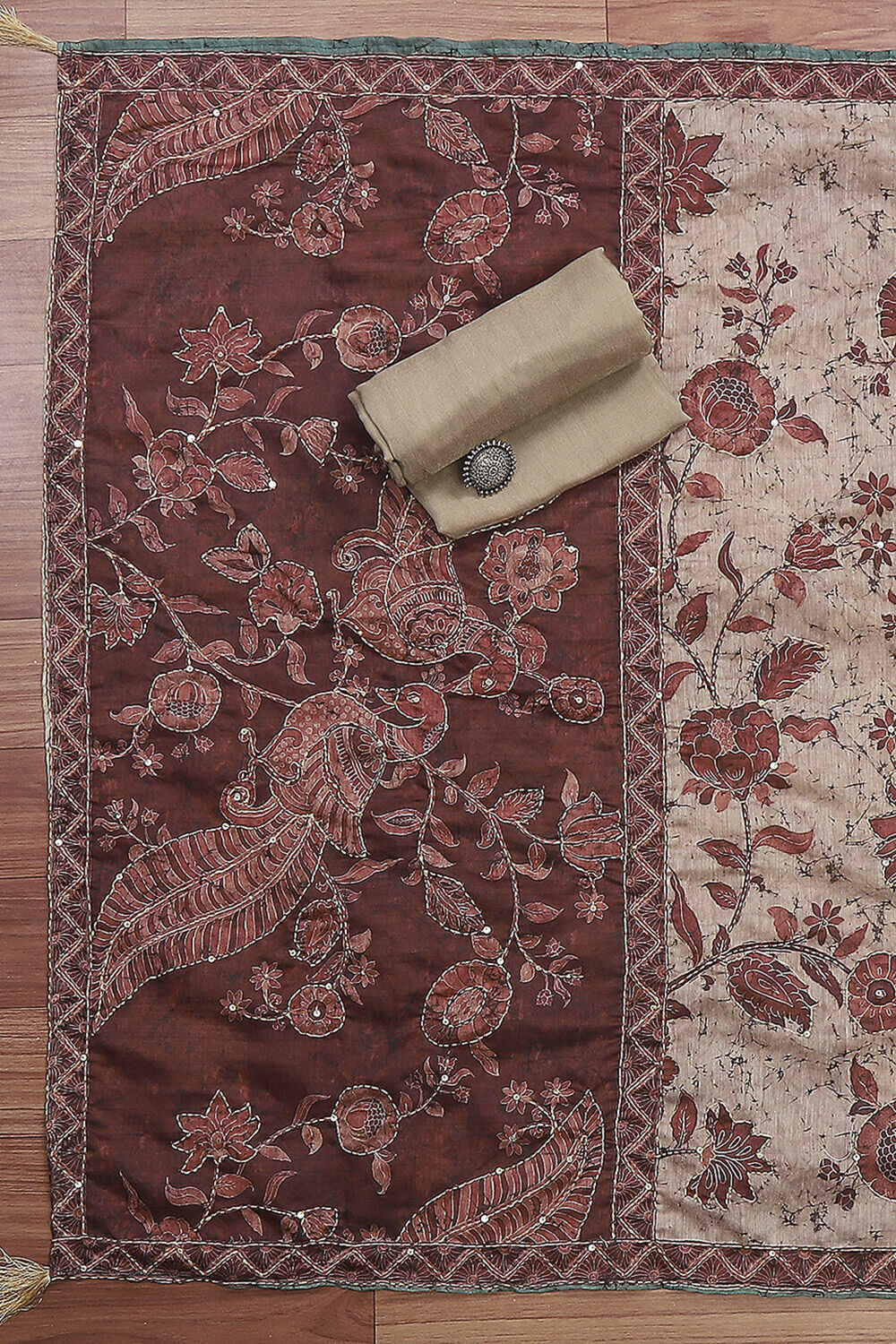 Beige Chanderi Hand Embroidered Unstitched Suit Set image number 3